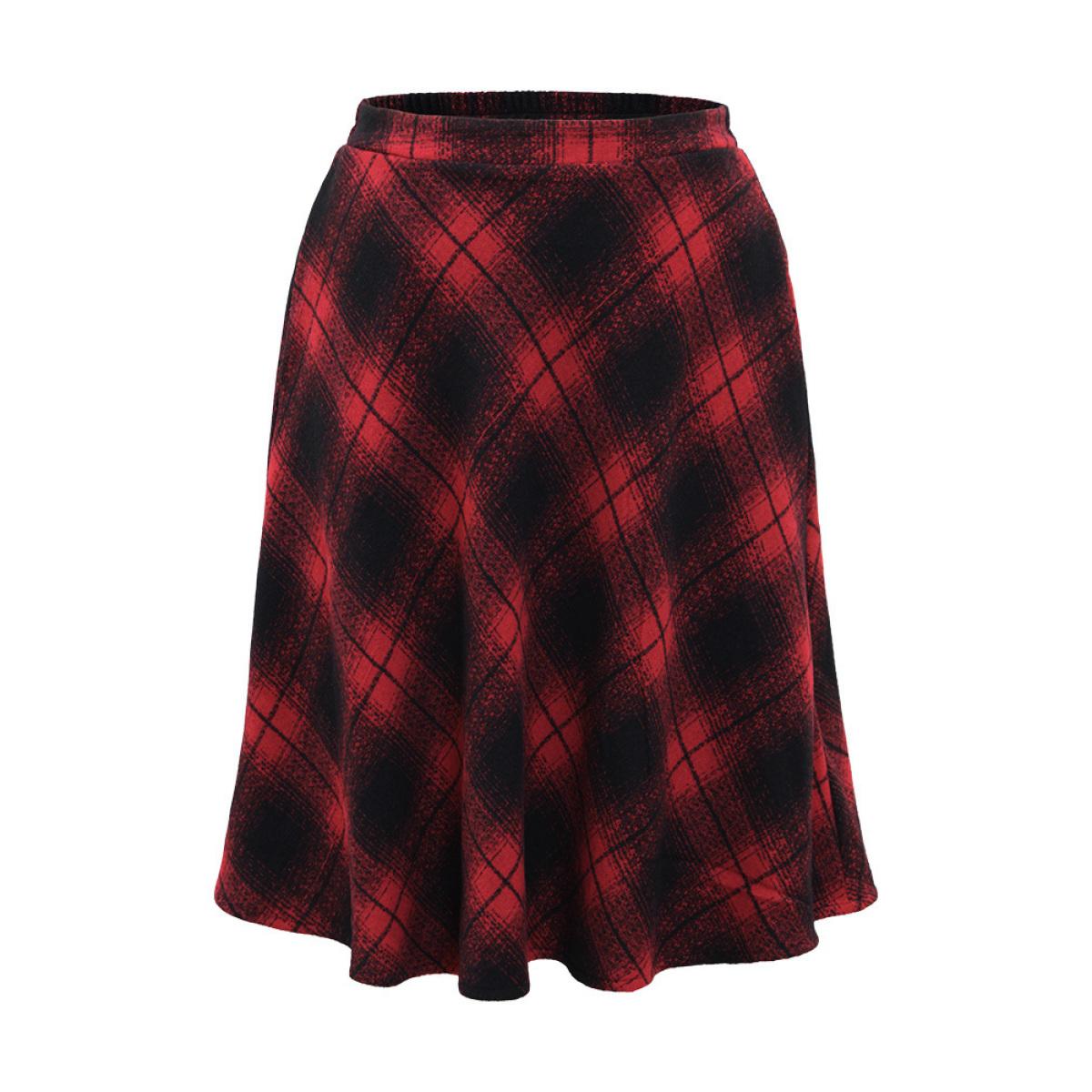 Plus Size Plaid Pocket Elastic Waist Skirt Women Red Casual A-line No stretch Pocket Everyday Skirts BloomChic 26/4X Product Image