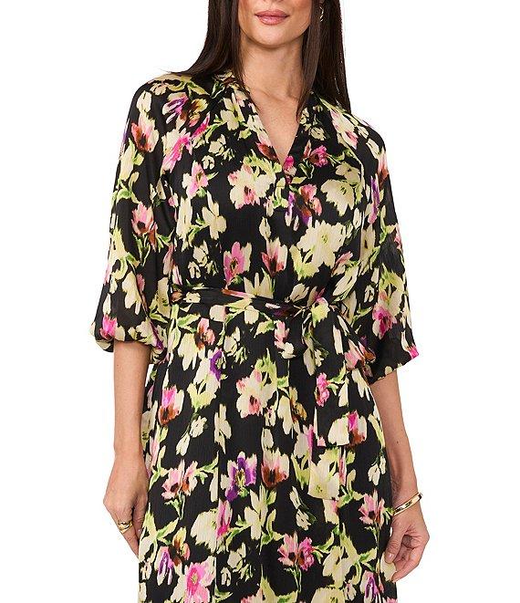 Vince Camuto Woven Floral Print V-Neck 3/4 Sleeve Belted Maxi Dress Product Image