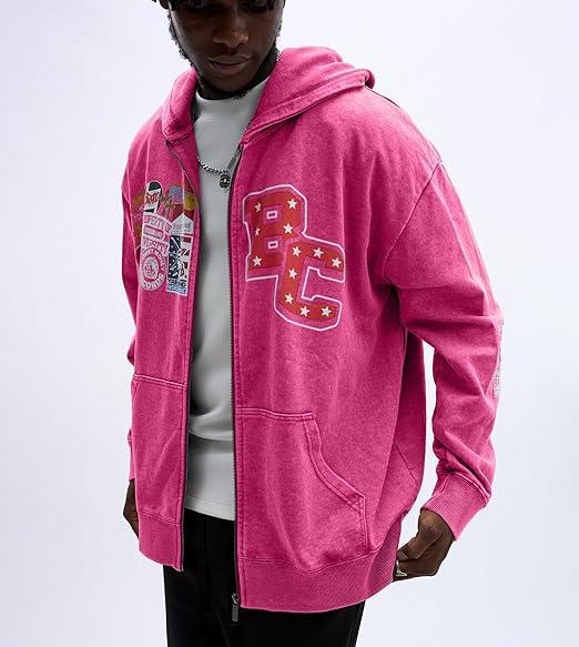 Men's Oversized Relaxed Graphic Vintage Washed Zip-Up Hoodie Product Image