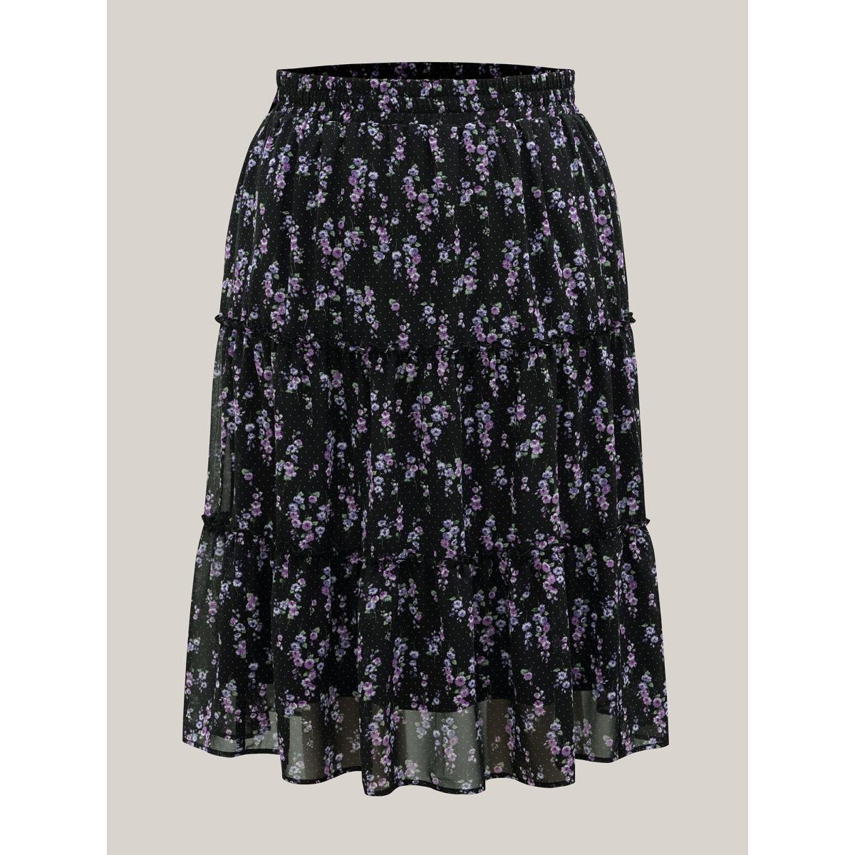 Plus Size Flirty Floral Pleated Sheer Midi Skirt Women BlackFlower Elegant See through No stretch Side seam pocket Everyday Skirts BloomChic 26/4X Product Image