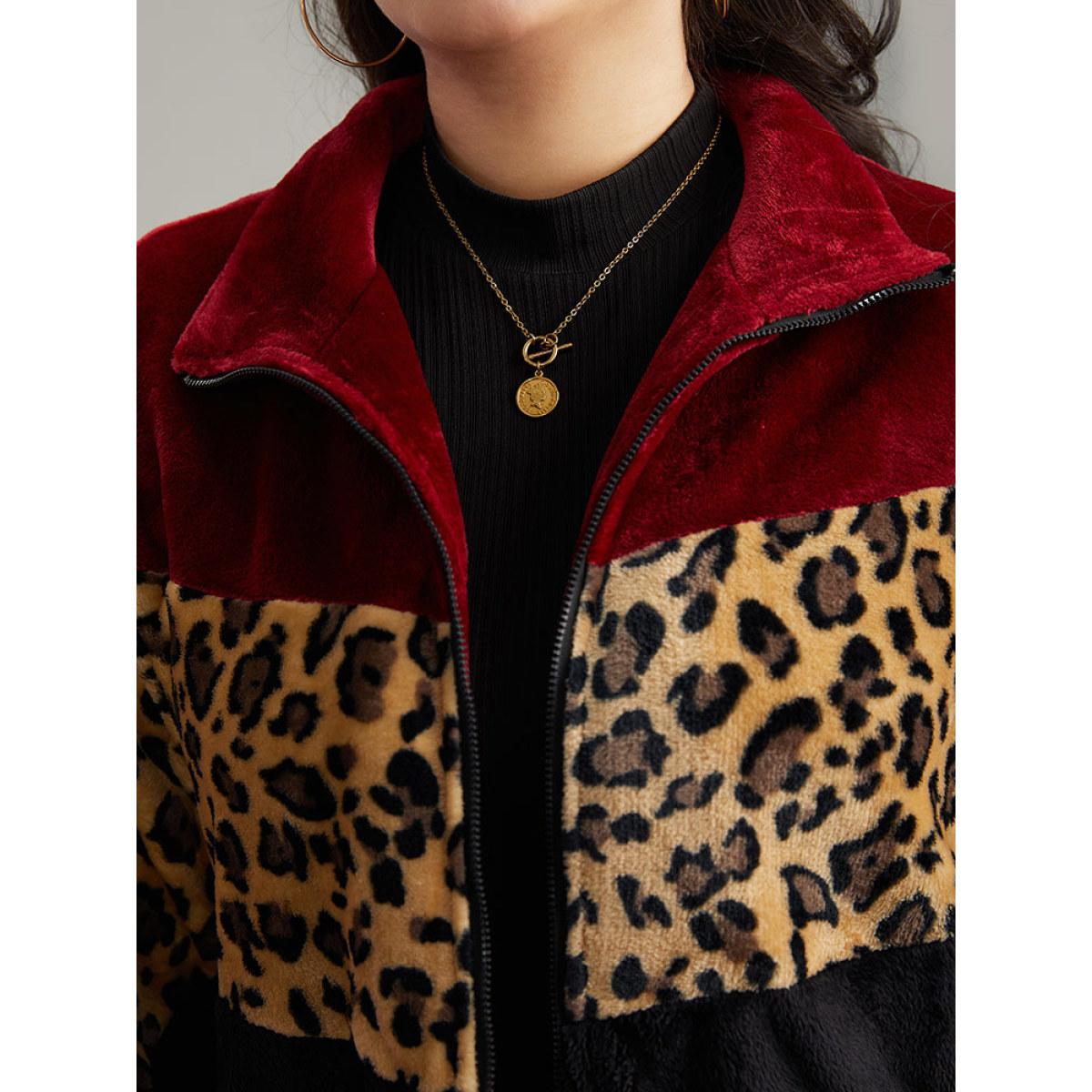 Plus Size Leopard Colorblock Contrast Zipper Jacket Women Scarlet Contrast Everyday Jackets BloomChic 10/M Product Image