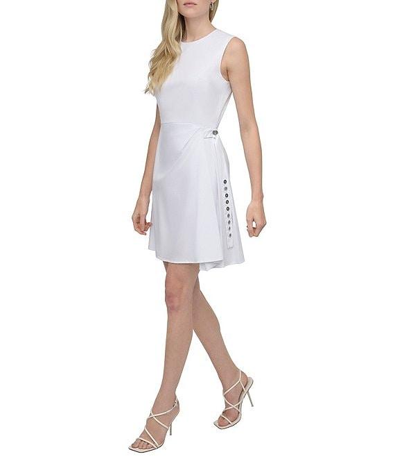 DKNY by Donna Karan Poplin Crew Neck Sleeveless Grommet Belt Sheath Dress Product Image