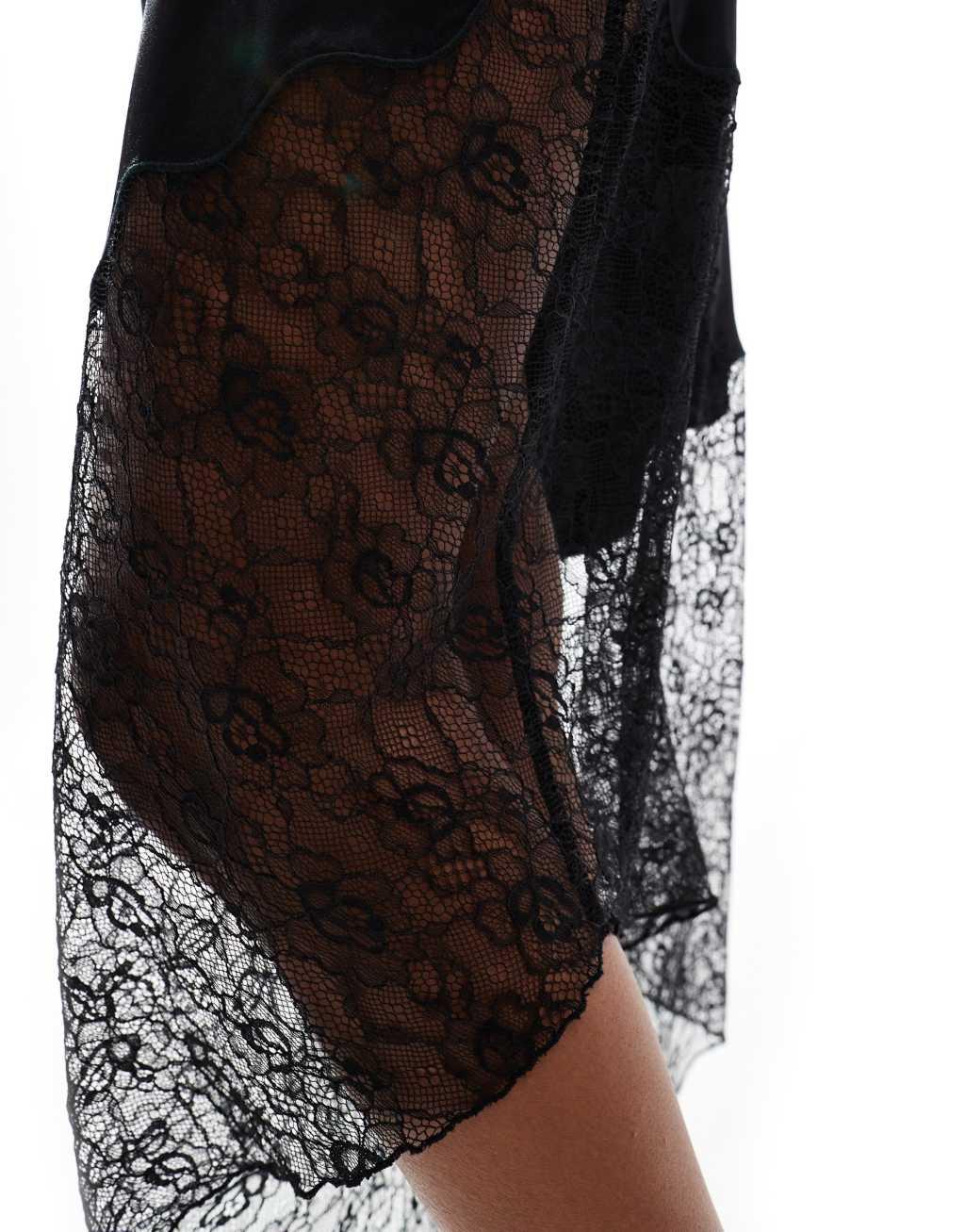 ASOS DESIGN satin lace mix asym maxi skirt in black Product Image