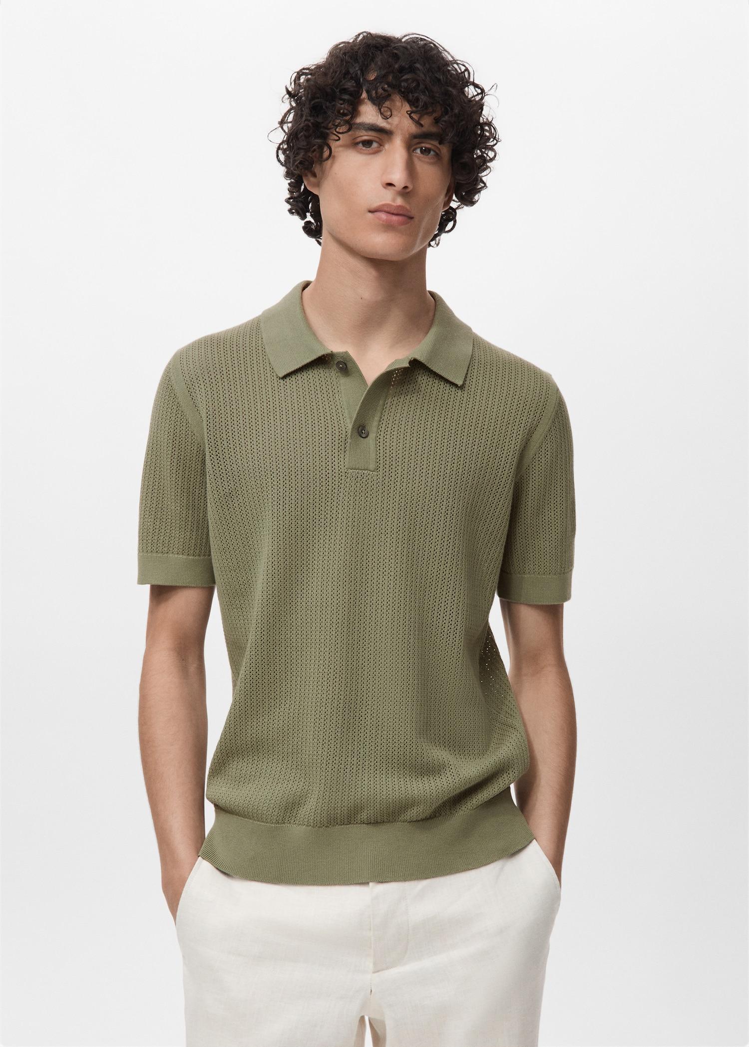 Openwork knitted cotton polo shirt - Men | MANGO USA Product Image