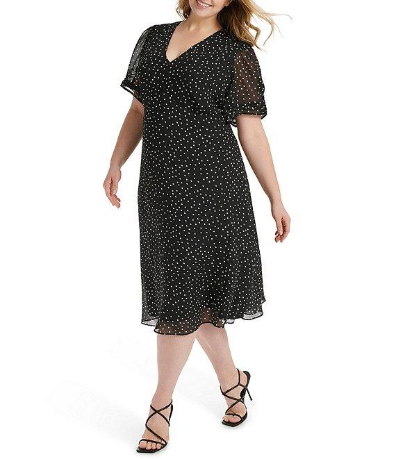 DKNY by Donna Karan Plus Size Short Ruched Sleeve V-Neck Polka Dot Chiffon Midi Dress Product Image