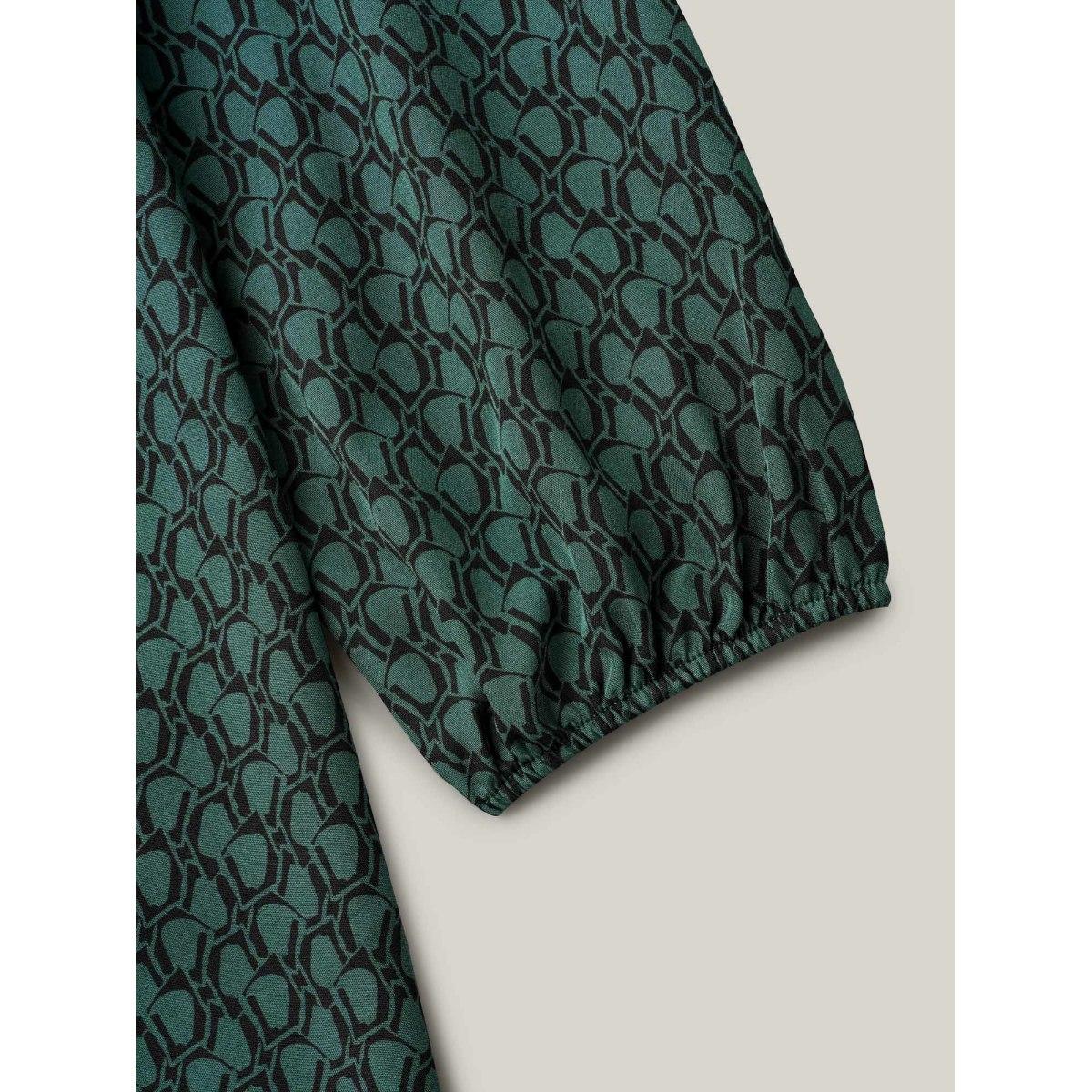 Plus Size DarkSlateGray Notched Collar Geometric Print Flowy Blouse Women Timeless Extra Long Sleeve Flat collar with V-notch Elegant Blouses BloomChic 10/M Product Image