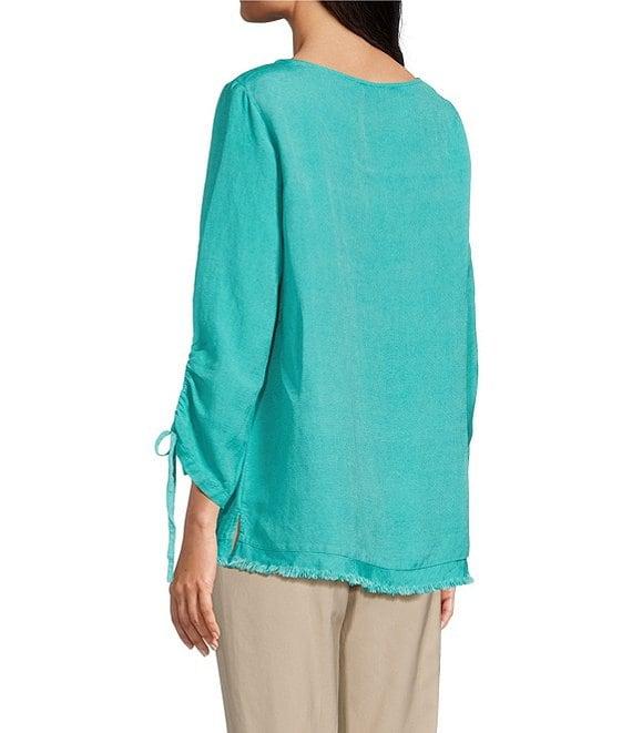 Ali Miles Petite Size Linen Blend Solid Round Neck 3/4 Cinched Tie Sleeve Tunic Product Image
