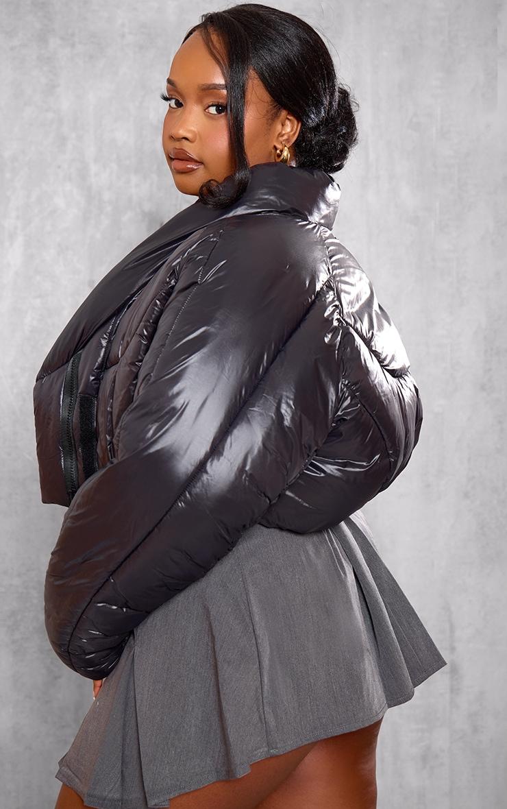 Plus Black Cropped Oversized Collar Detail Puffer Jacket Product Image