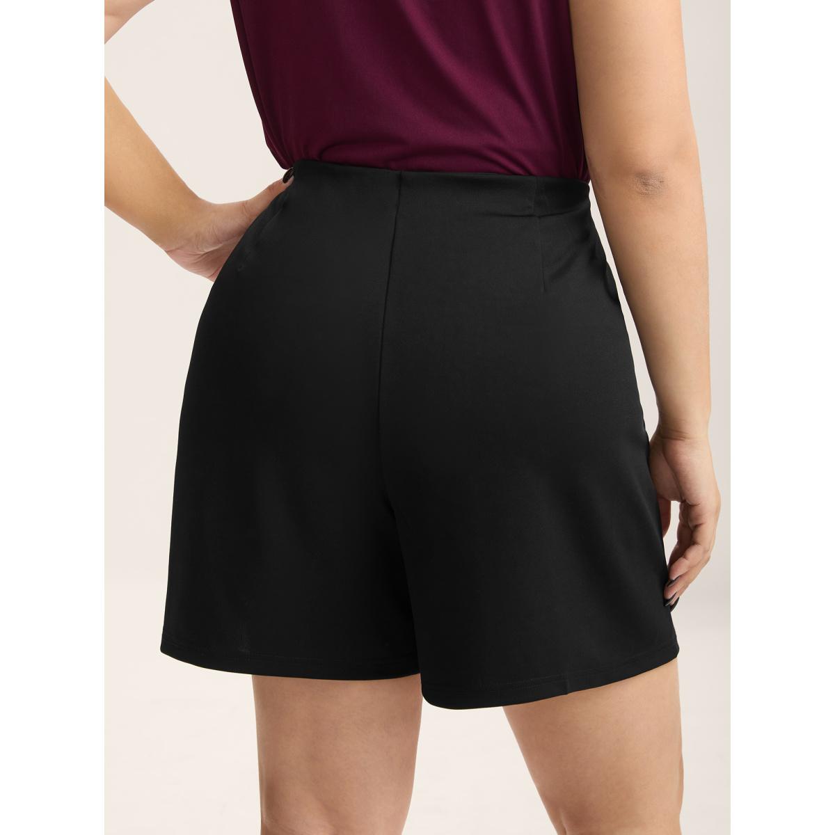 Plus Size No-Gap Waist Button Detail Straight-Leg Shorts Women Black At the Office Button Straight Leg Work Shorts BloomChic 18-20/2X Product Image