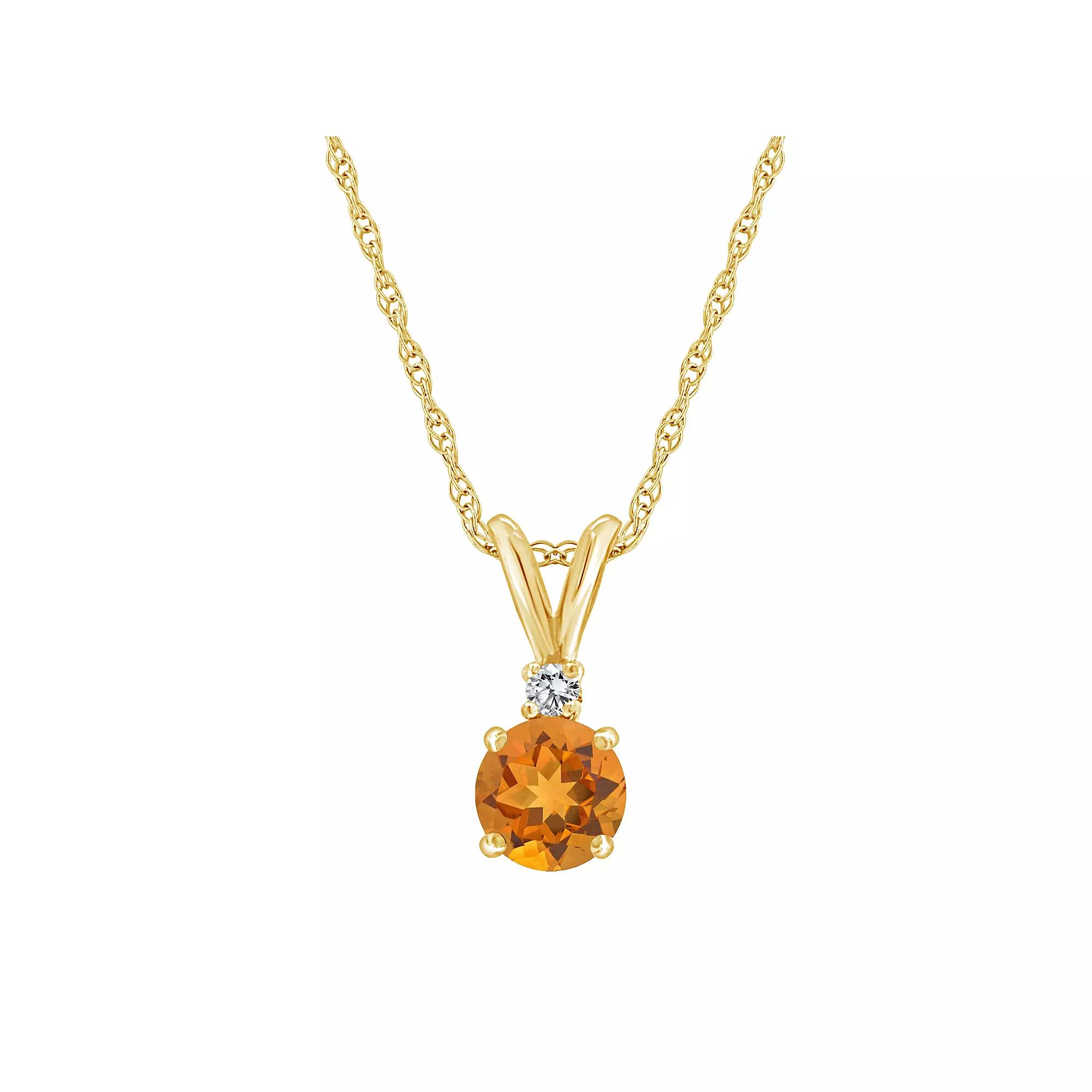Celebration Gems 14K Yellow Gold 6mm Round Gemstone & Diamond Accent Pendant Necklace, Women's, Size: 18", Citrine Product Image