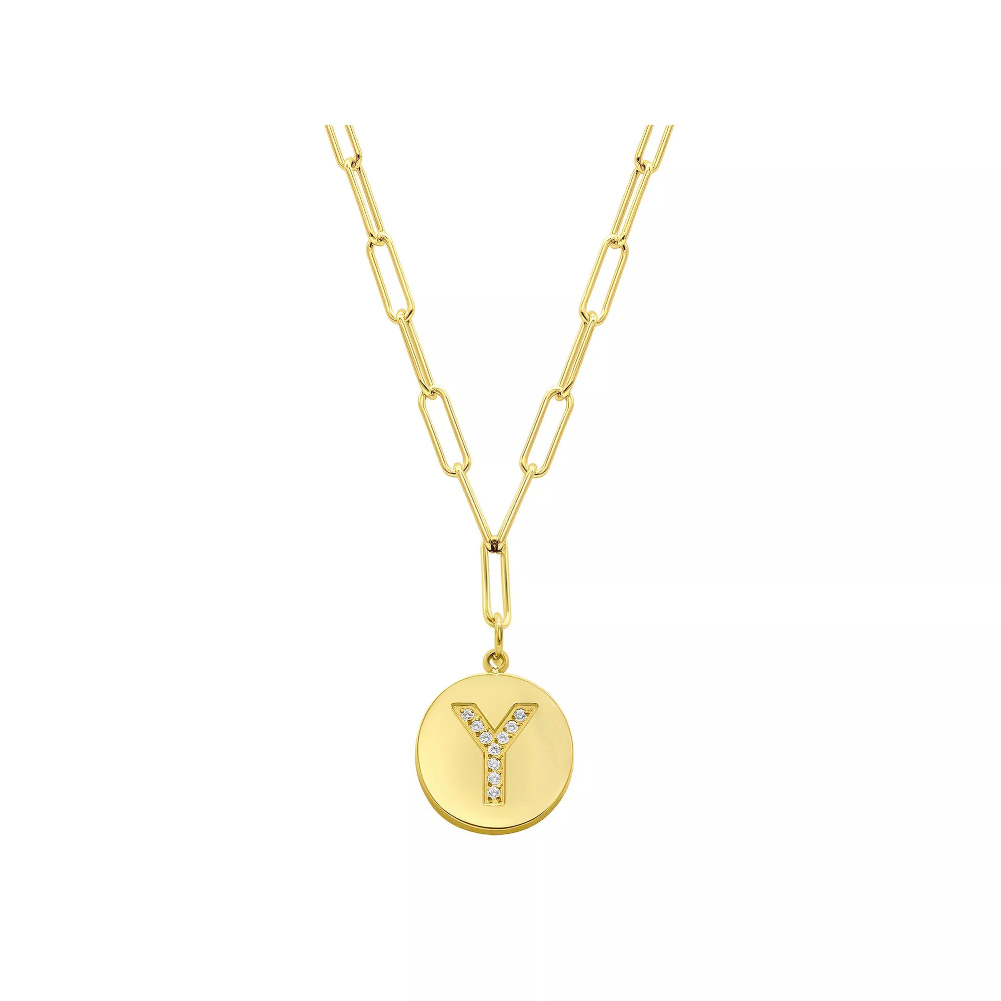 Adornia Gold Tone Adjustable Cubic Zirconia Initial Disc Pendant Paperclip Necklace, Women's, Size: 16-18" ADJ, Y Product Image