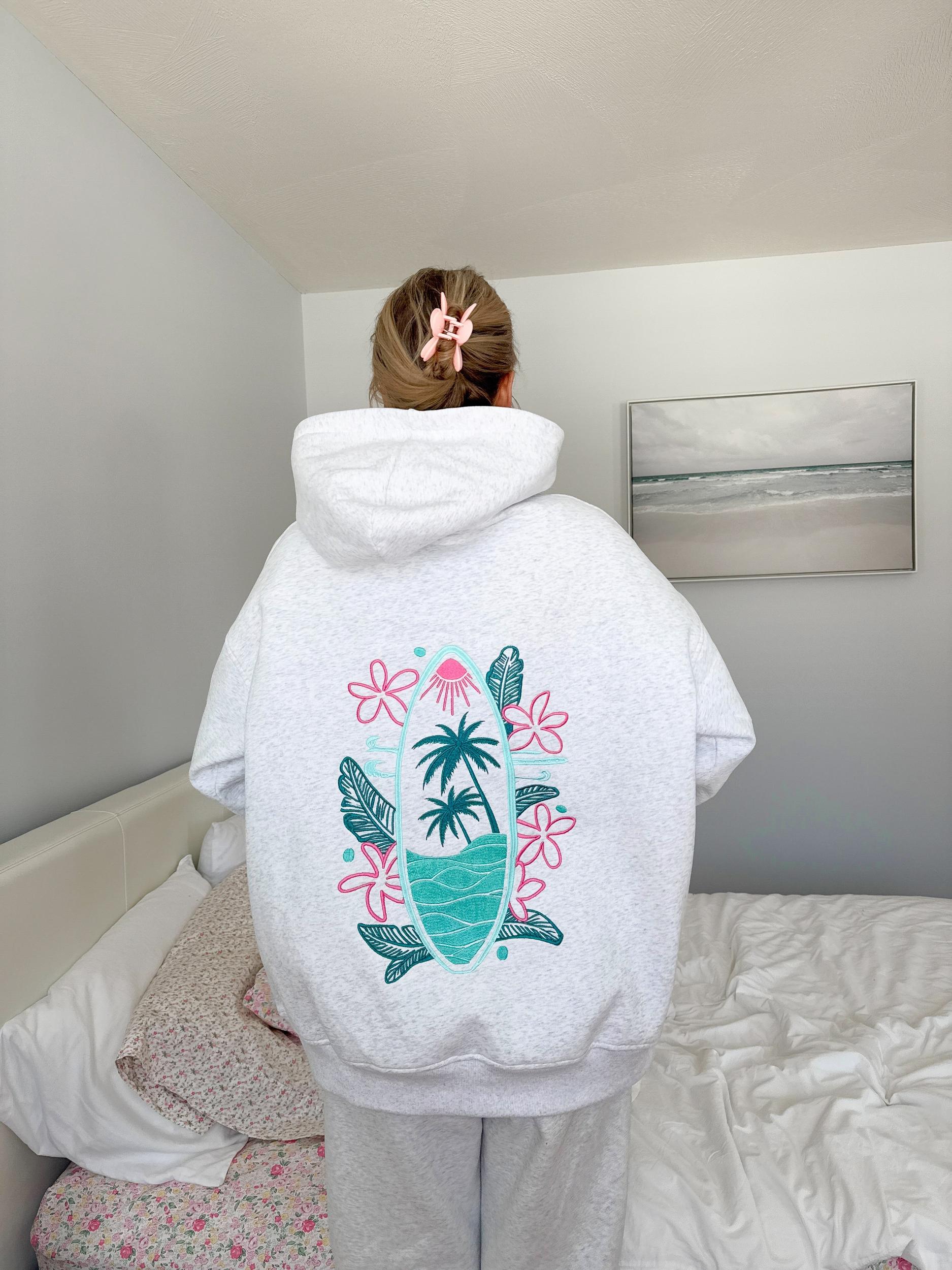 Pearl Grey Surfing The Waves Embroider Hoodie Product Image
