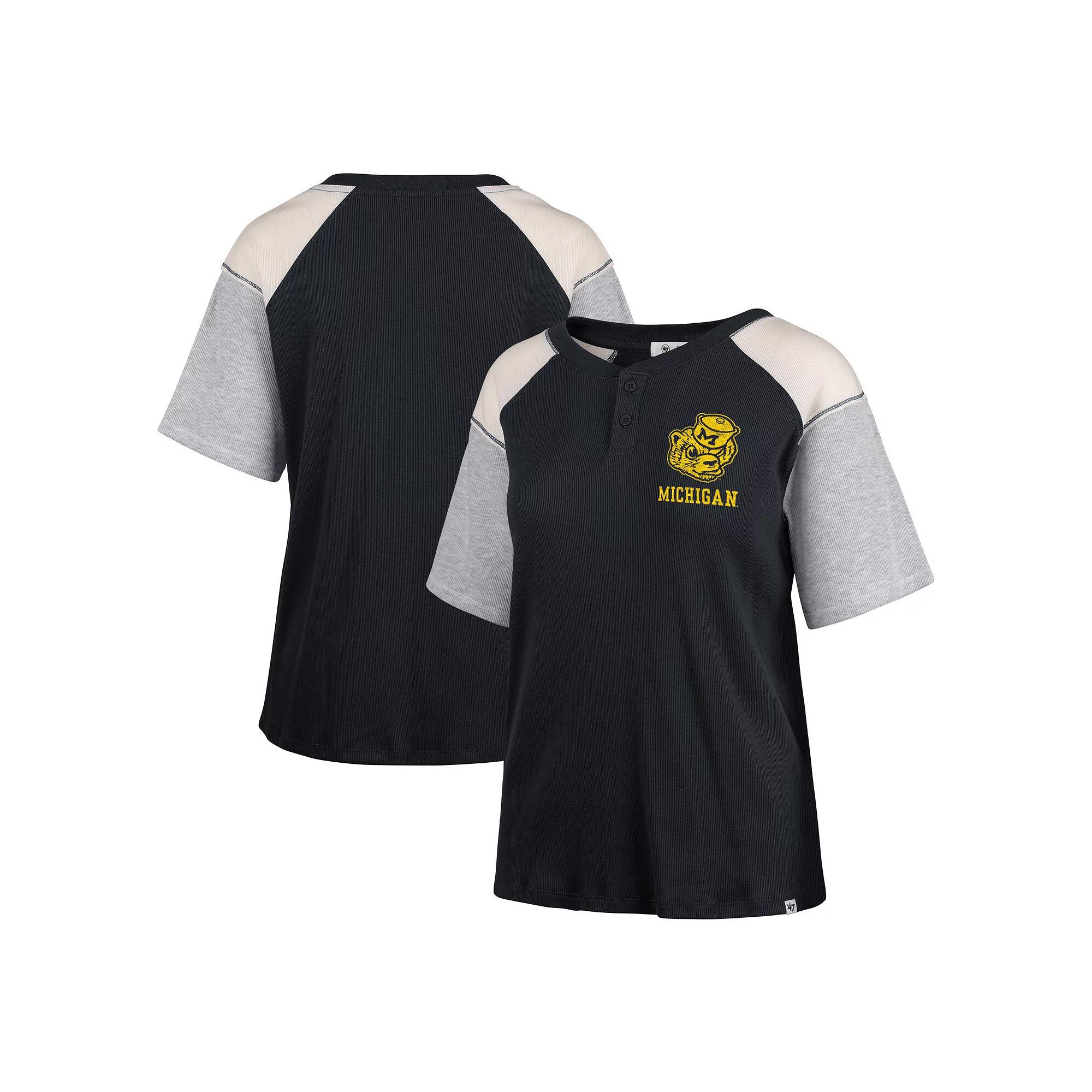 Women's '47 Black Notre Dame Fighting Irish Underline Harvey Colorblock Raglan Henley T-Shirt,  Product Image