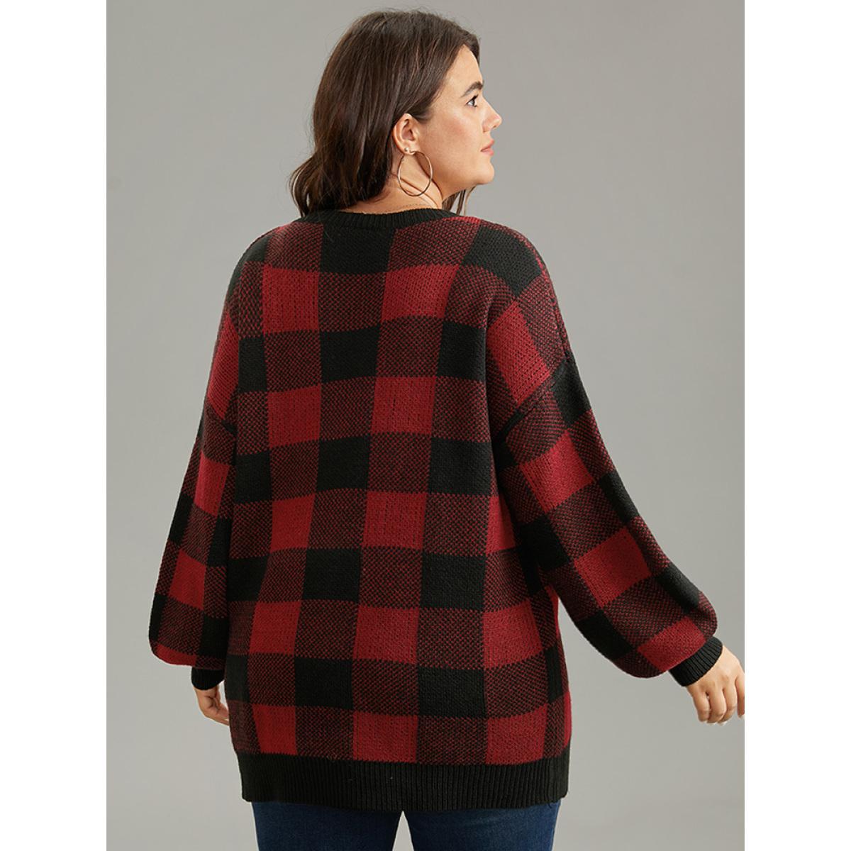 Plus Size V Neck Plaid Elastic Cuffs Pullover Scarlet Women Casual Loose Long Sleeve V-neck Dailywear Pullovers BloomChic 18-20/2X Product Image