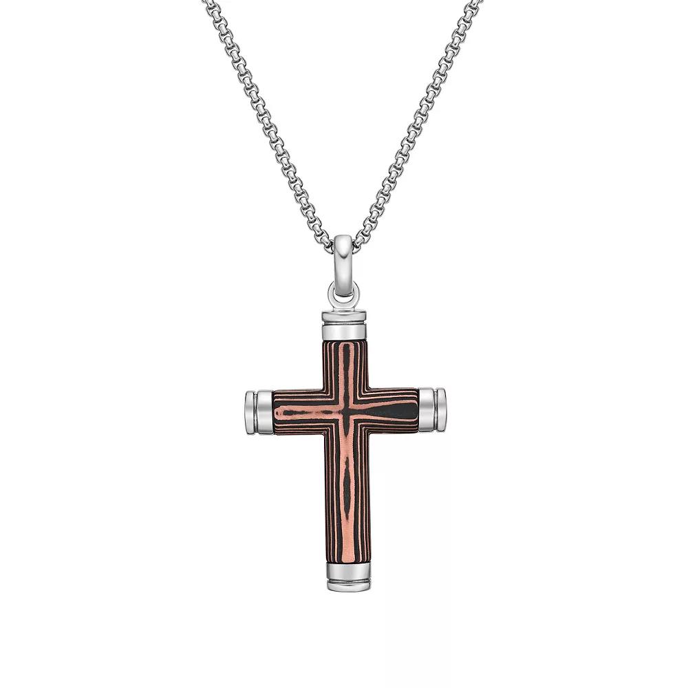 LYNX Stainless Steel Carbon Fiber & Copper Foil Black Ion-Plated Cross Pendant Men's Necklace, Size: 24" Product Image