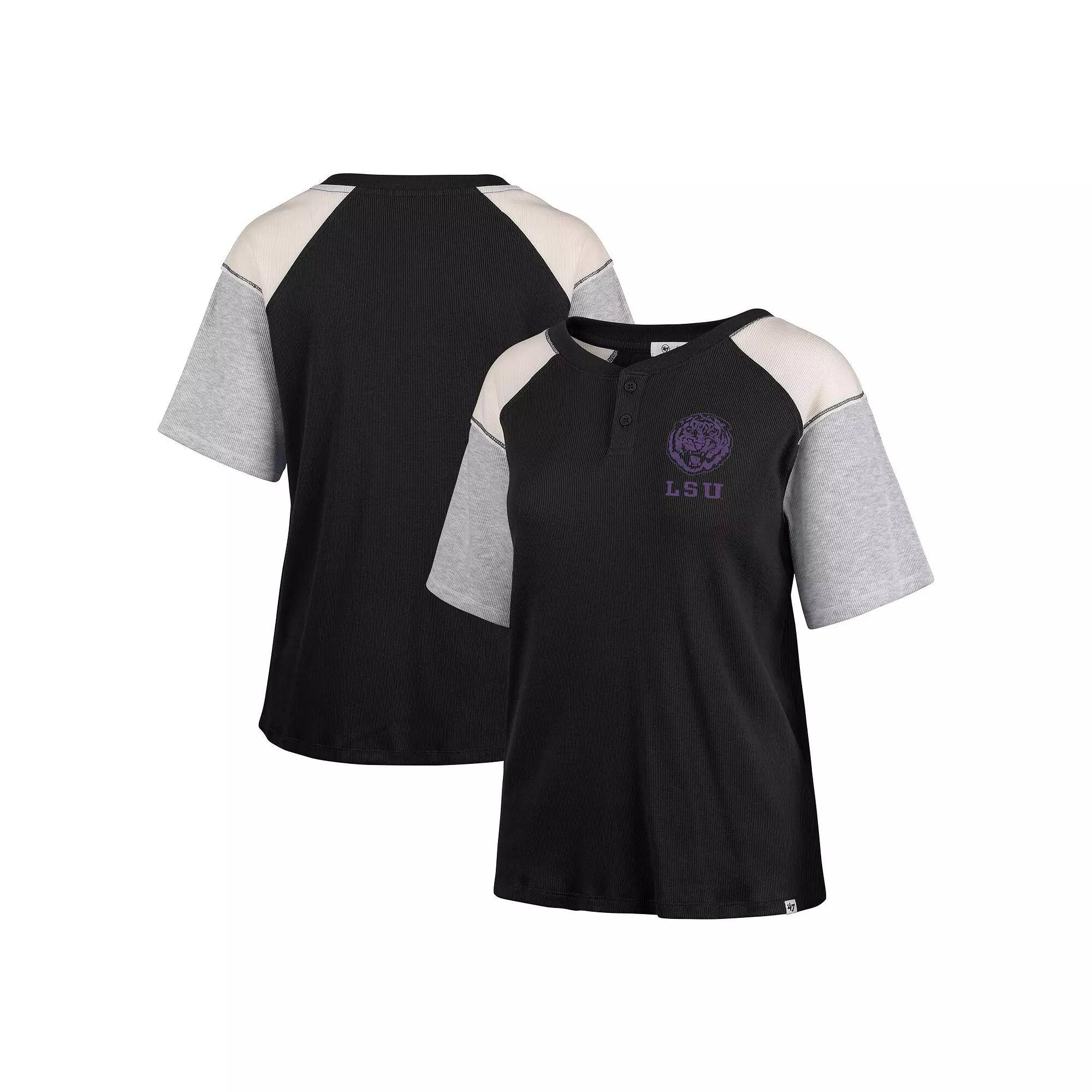Women's '47 Black LSU Tigers Underline Harvey Colorblock Raglan Henley T-Shirt,  Product Image