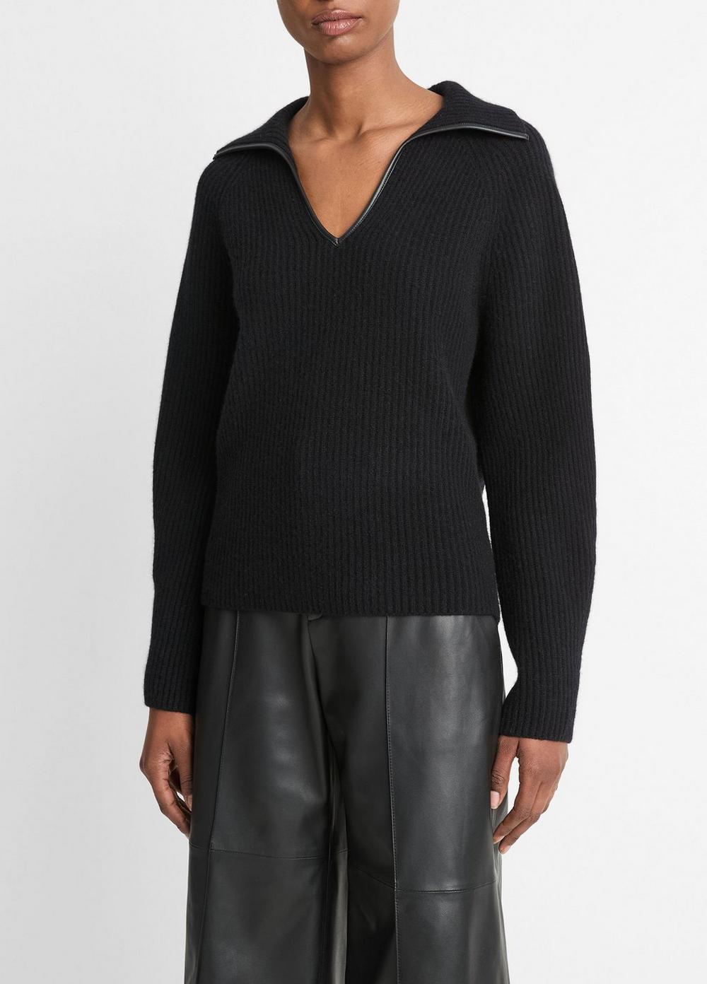 Faux-Leather-Trim Wool-Cashmere Polo Sweater Product Image