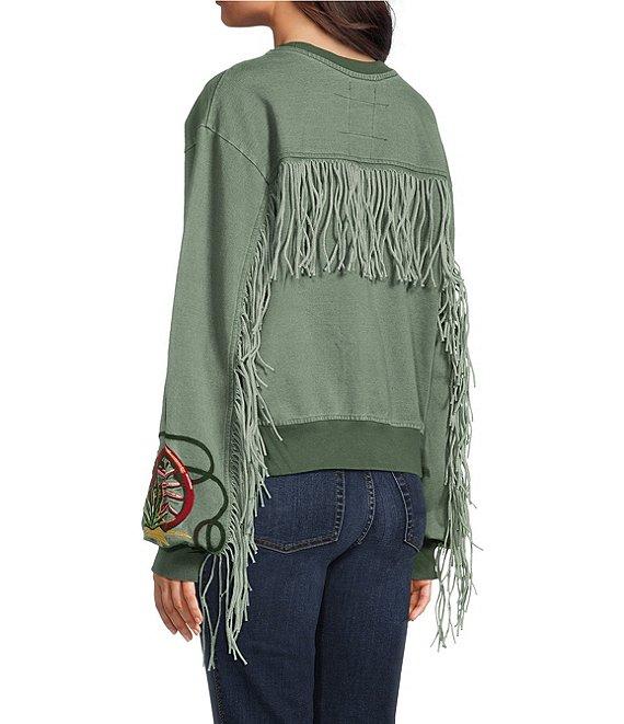 Double D Ranch Knit Crew Neck Long Sleeve Embroidery Fringe Sweatshirt Product Image