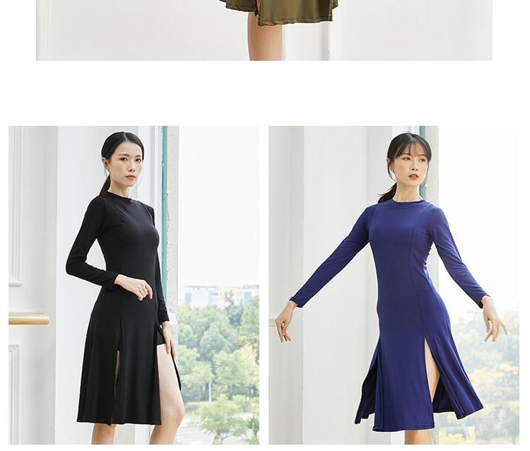 Long-Sleeve Crew Neck Plain Side-Slit Dance Dress Product Image