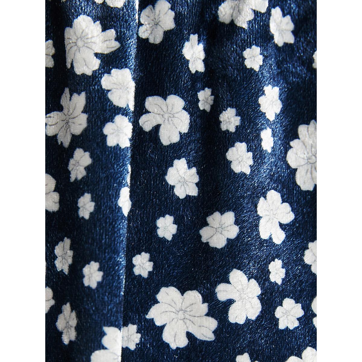 Plus Size Ditsy Floral Pocket Lantern Sleeve Wrap Velvet Dress Indigo Women Elegant Elastic Waist V-neck Long Sleeve Curvy Midi Dress BloomChic 14-16/1X Product Image