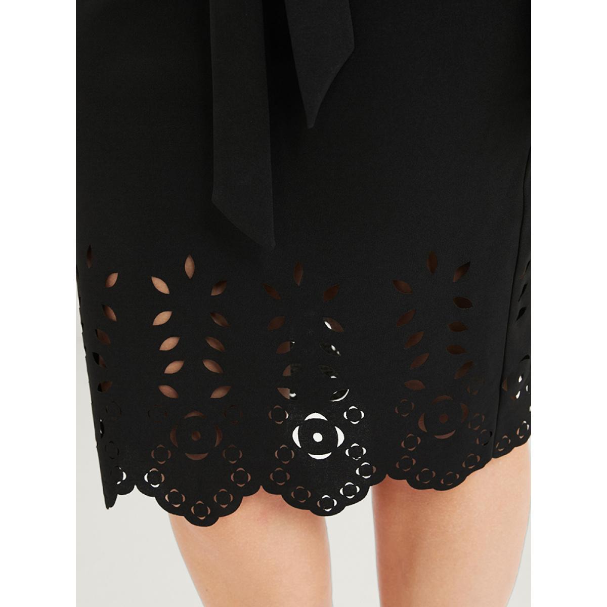 Plus Size Solid Laser Cut Bell Sleeve Belted Knee Dress Black Women Glamour Plain V-neck Elbow-length sleeve Curvy Knee Dress BloomChic 10/M Product Image