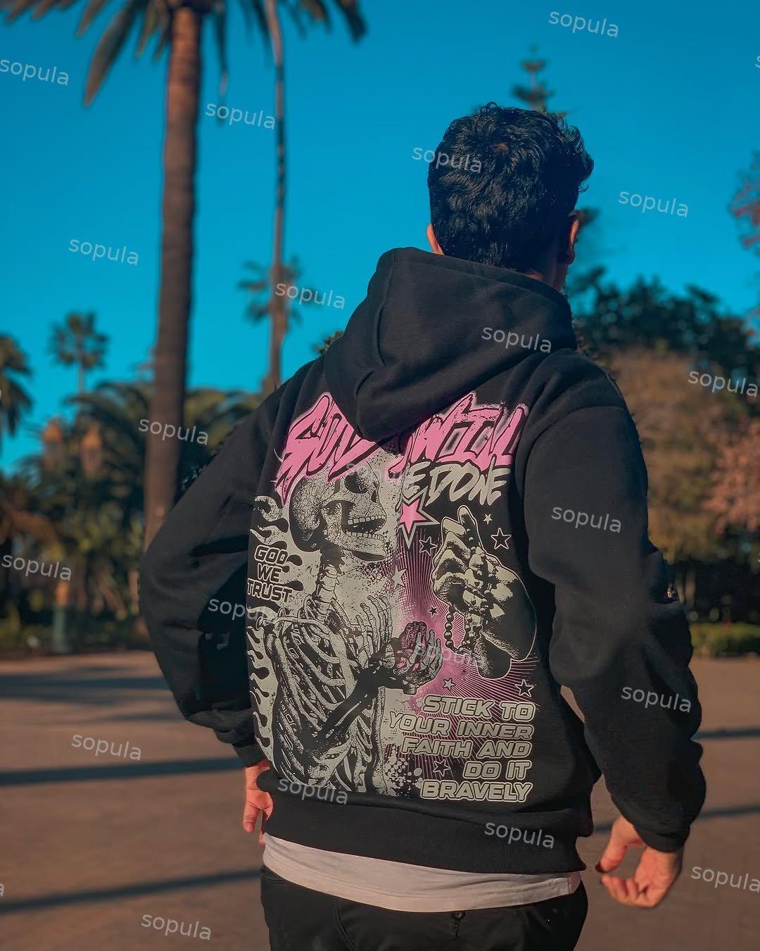 God's Will Be Done Flame Beliefs Skull Graphics Cotton Pocket Hoodie Product Image