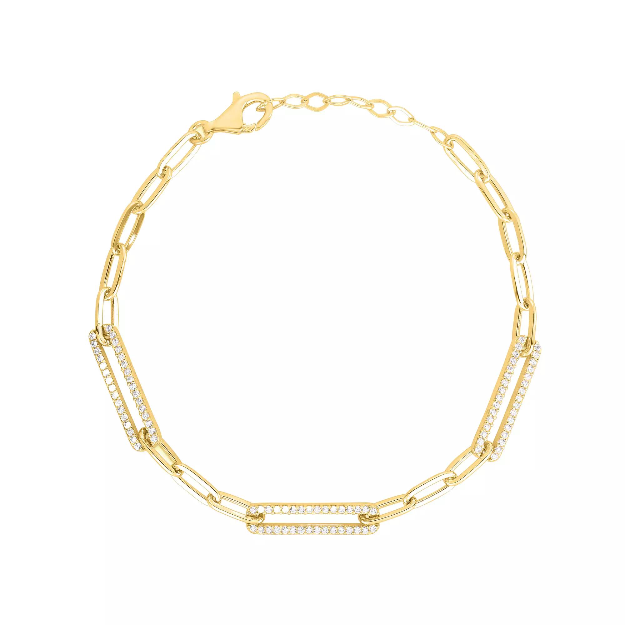 Sunkissed Sterling 14K Gold Over Silver Cubic Zirconia Paperclip Chain Bracelet, Women's, Size: 8", Gold Tone Product Image