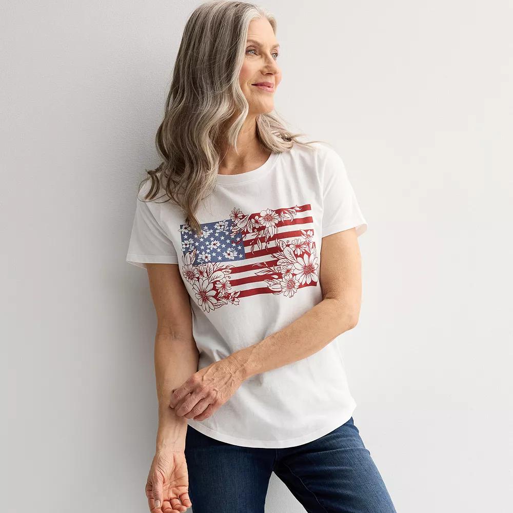 Women's Floral American Flag Graphic Tee, Size: Small, White Product Image