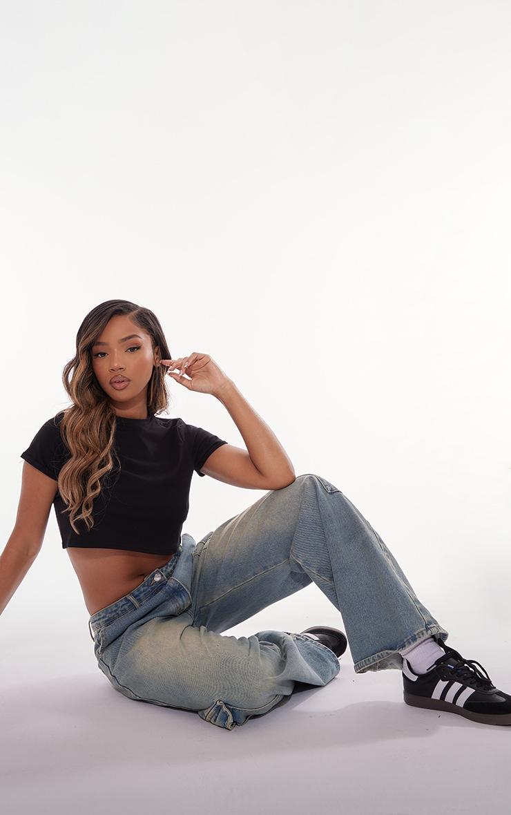 Basic Black Cotton Blend Roll Sleeve Crop Top Product Image