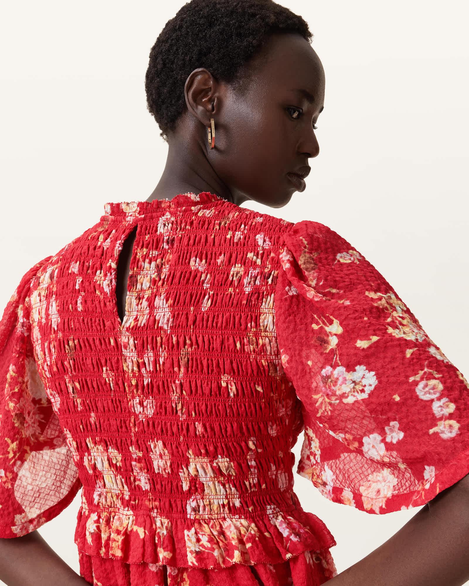 Mya Floral Print Shirred Midi Dress ARMADA RED | ALLSAINTS US Product Image