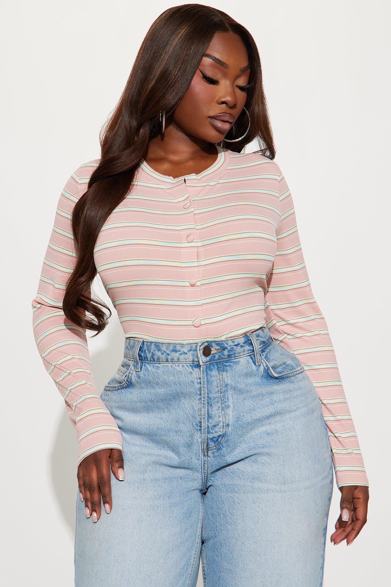 Sara Striped Button Front Top - Pink/combo Product Image
