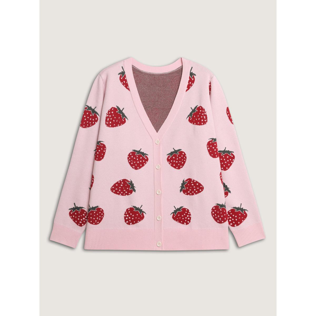 Plus Size Strawberry Pattern Button-Front Knit Cardigan Blush Women Playful Loose Long Sleeve Casual Cardigans BloomChic 12/L Product Image