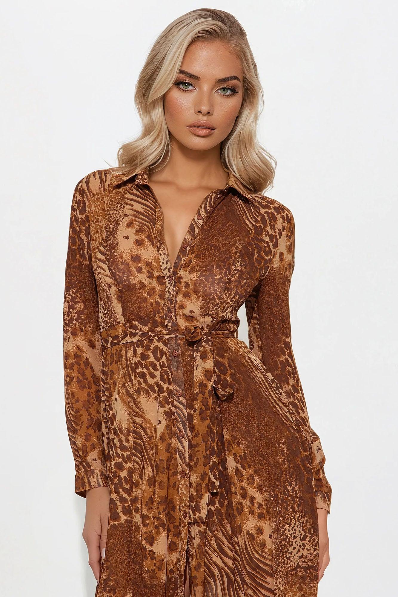 Reina Animal Print Midi Shirt Dress - Brown Product Image