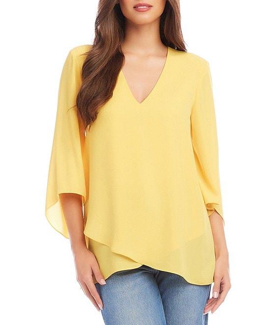 Karen Kane Silky Crepe V-Neck 3/4 Flutter Sleeve Asymmetric Crossover Hem Top Product Image