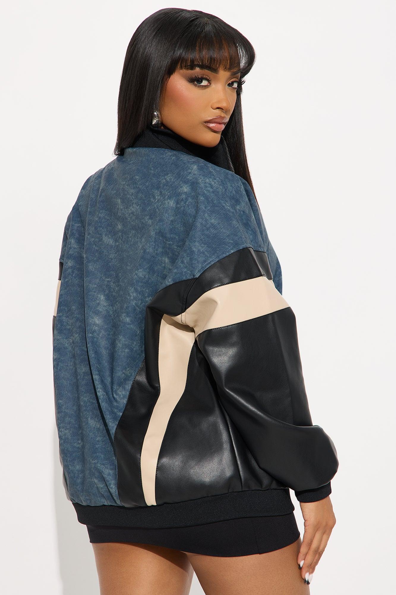 Jaded Oversized Faux Leather Bomber Jacket - Navy/combo Female Product Image