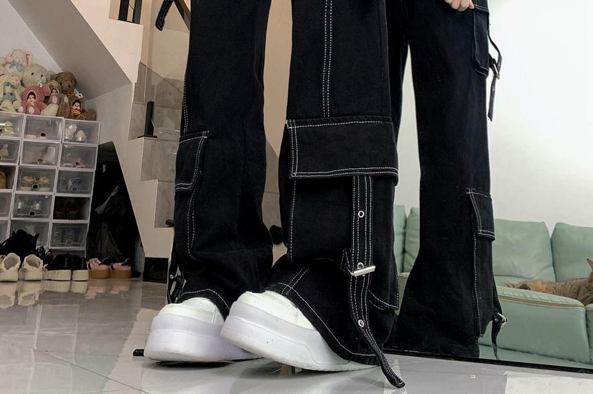 High Rise Contrast Stitching Buckled Loose Fit Cargo Jeans Product Image