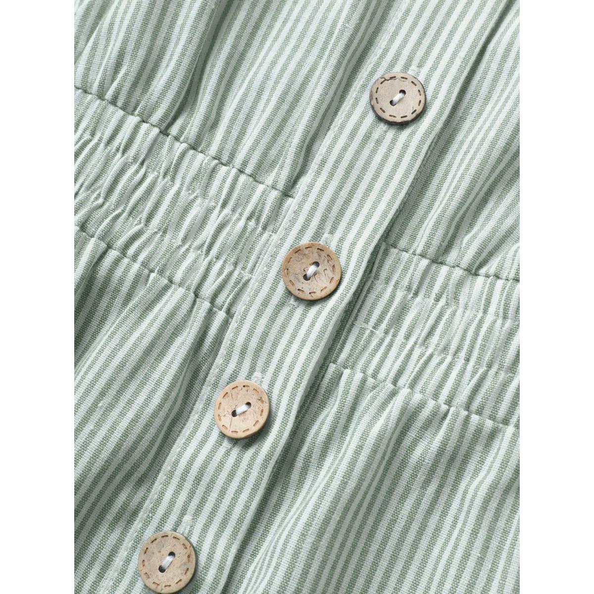 Plus Size LightGreen Striped Lapel Collar Shirred Button Detail Jumpsuit Women Casual Short sleeve V-neck Everyday Loose Jumpsuits BloomChic 18-20/2X Product Image