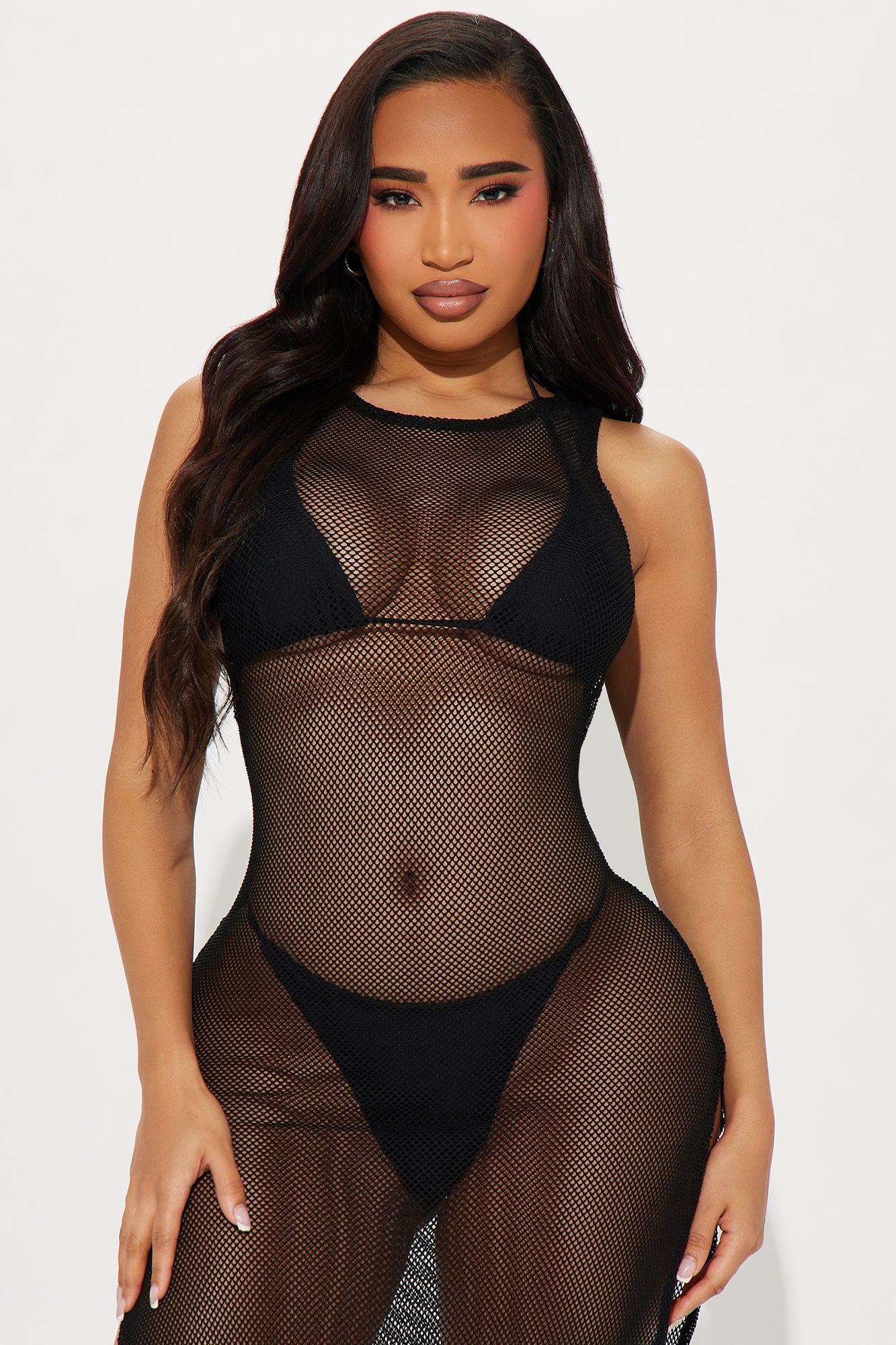 Good Times And Tan Lines Slit Fishnet Cover Up Dress - Black Product Image