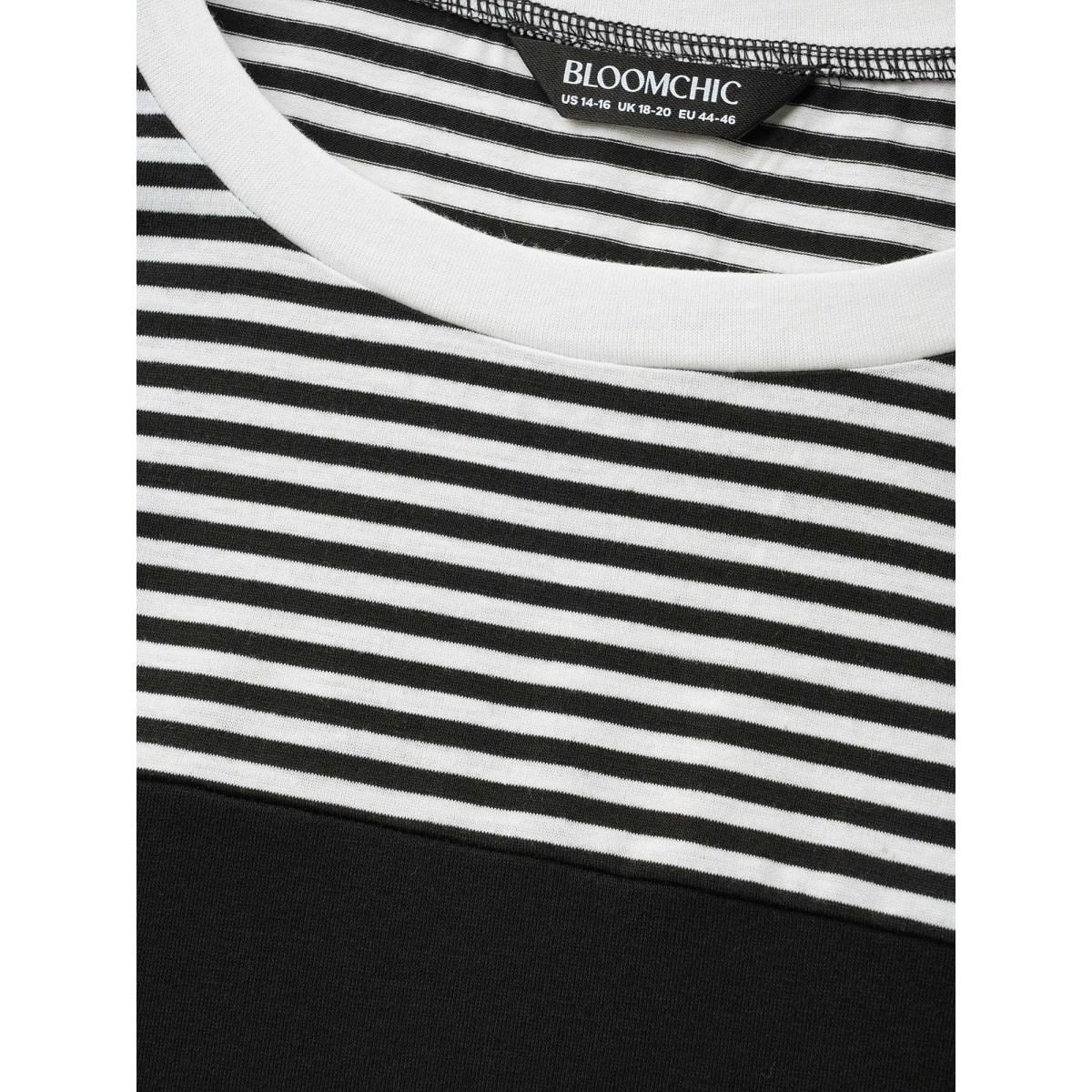 Plus Size Solid and Striped Contrast Hem T-Shirt Black Women Leisure Contrast Round Neck Casual T-shirts BloomChic 30/6X Product Image