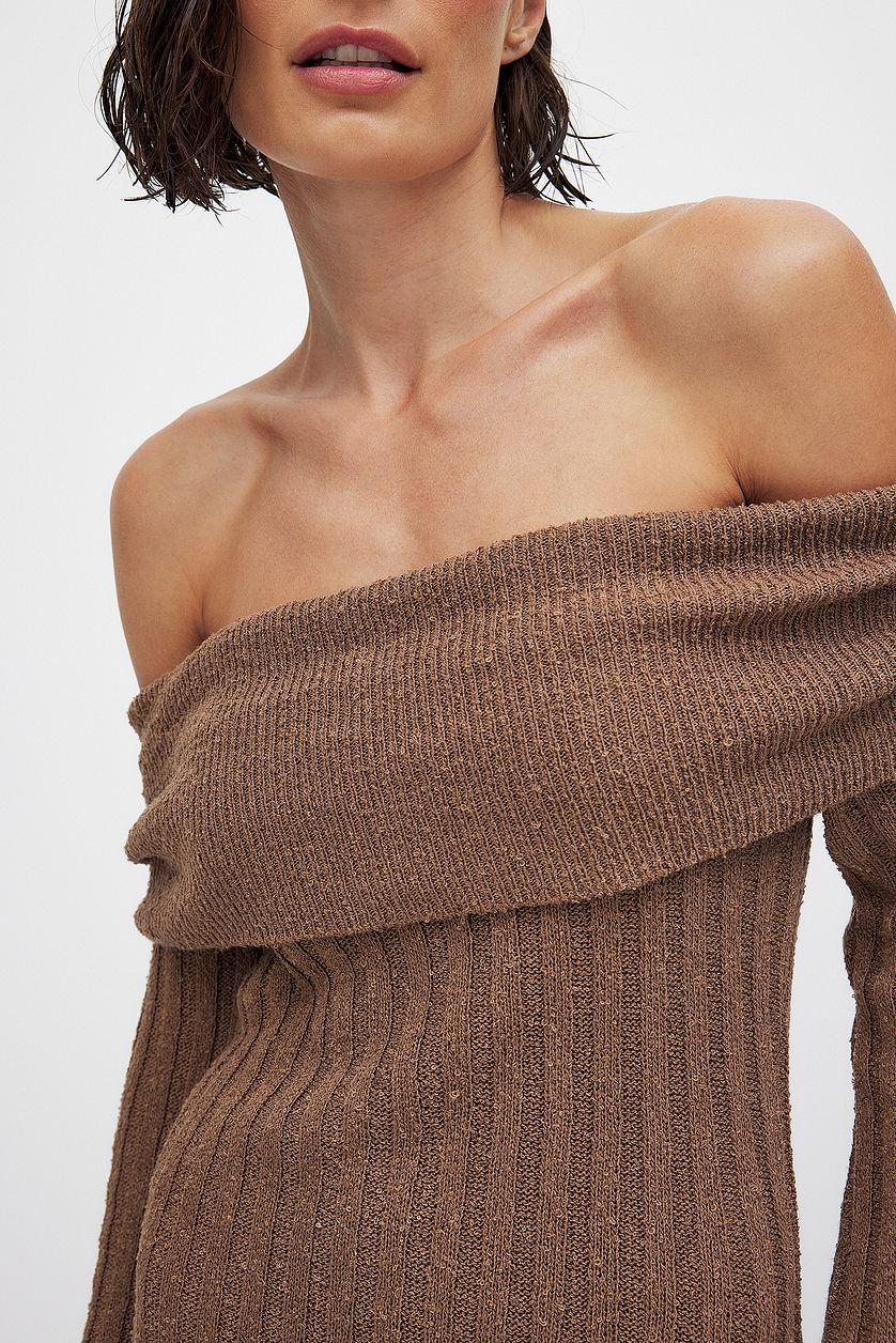 Knitted Offshoulder Midi Dress Brown Product Image