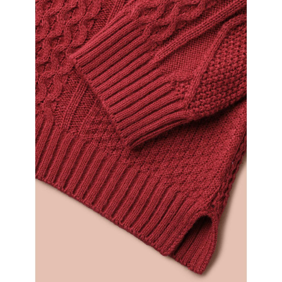 Plus Size Crew Neck Split Hem Textured Pullover Brightred Women Casual Loose Long Sleeve Round Neck Everyday Pullovers BloomChic 26/4X Product Image