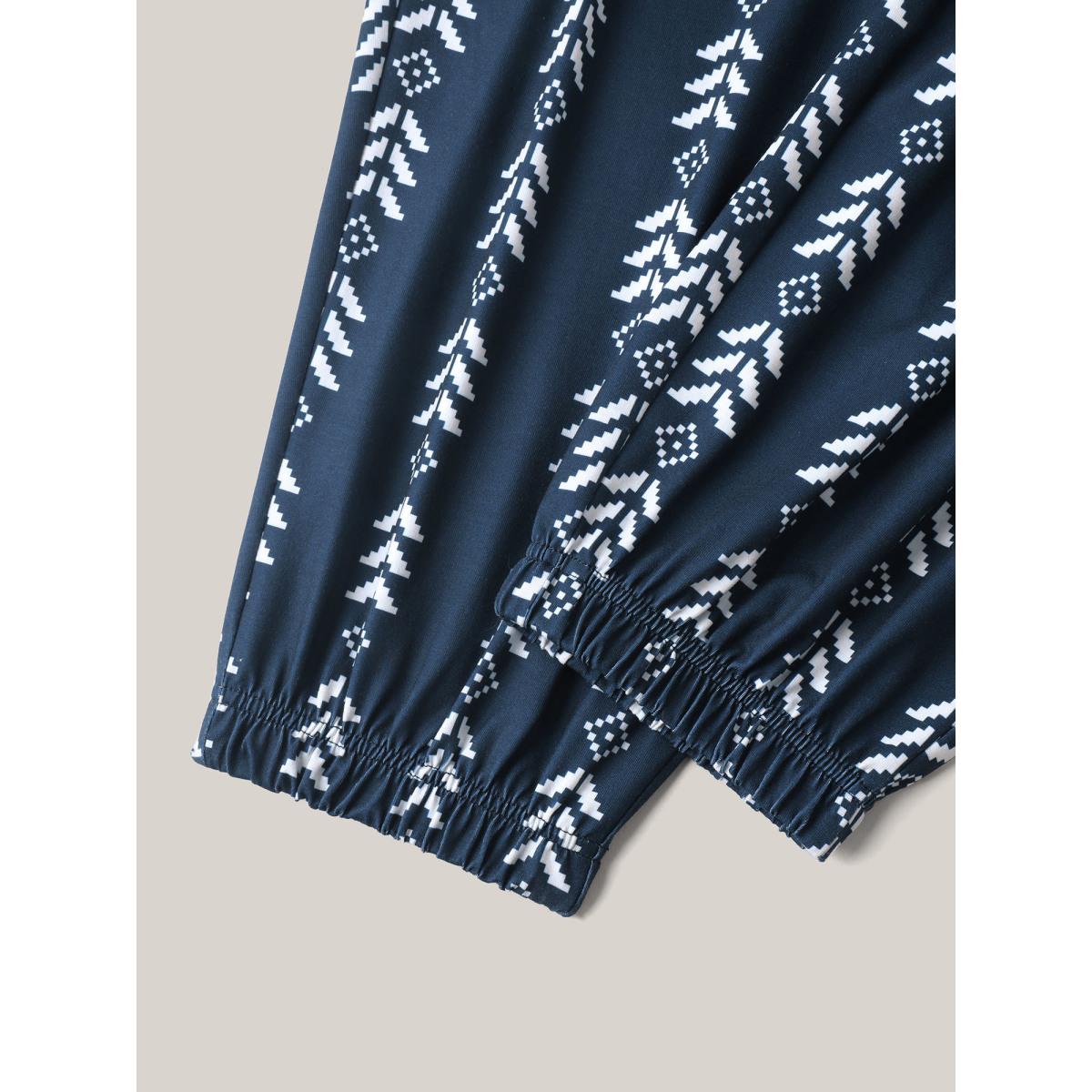 Plus Size Boho Geometric Print Stretchy Waist Pants Women Indigo Leisure Mid Rise Casual Pants BloomChic 10/M Product Image