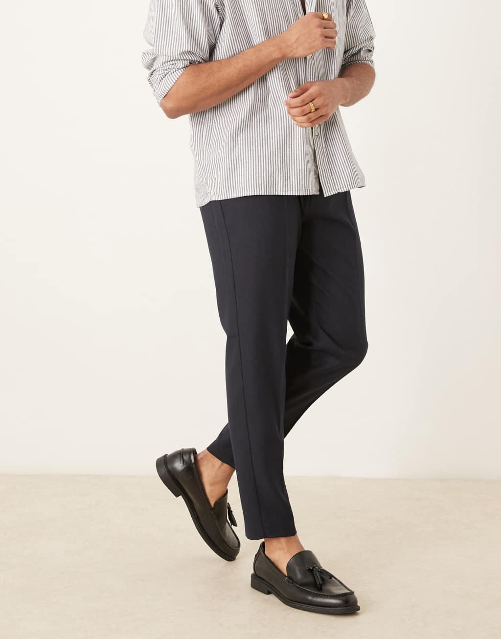 ASOS DESIGN smart tapered pants with front pleat in navy microtexture Product Image