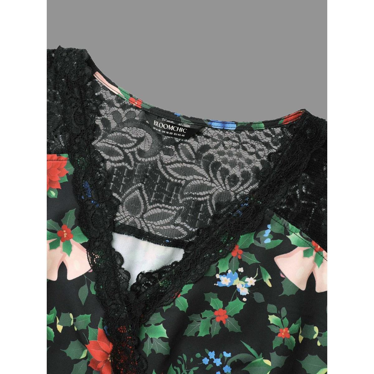 Plus Size Floral Lace Surplice Neckline Midi Dress Emerald Women Elegant Woven ribbon&lace trim Overlap Collar Long Sleeve Curvy BloomChic 22-24/3X Product Image