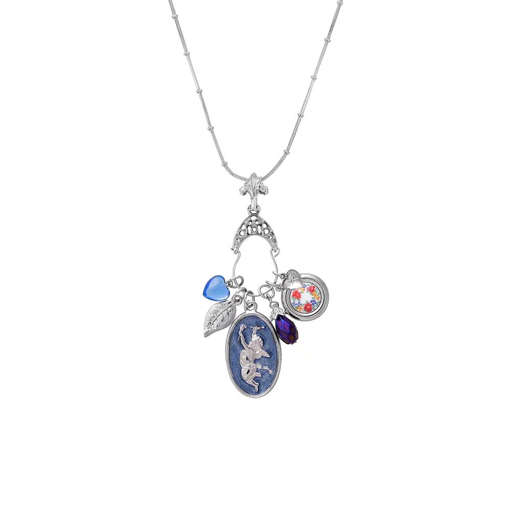 1928 Silver Tone Light Blue Angel Charm Holder Charm Necklace, Womens Product Image
