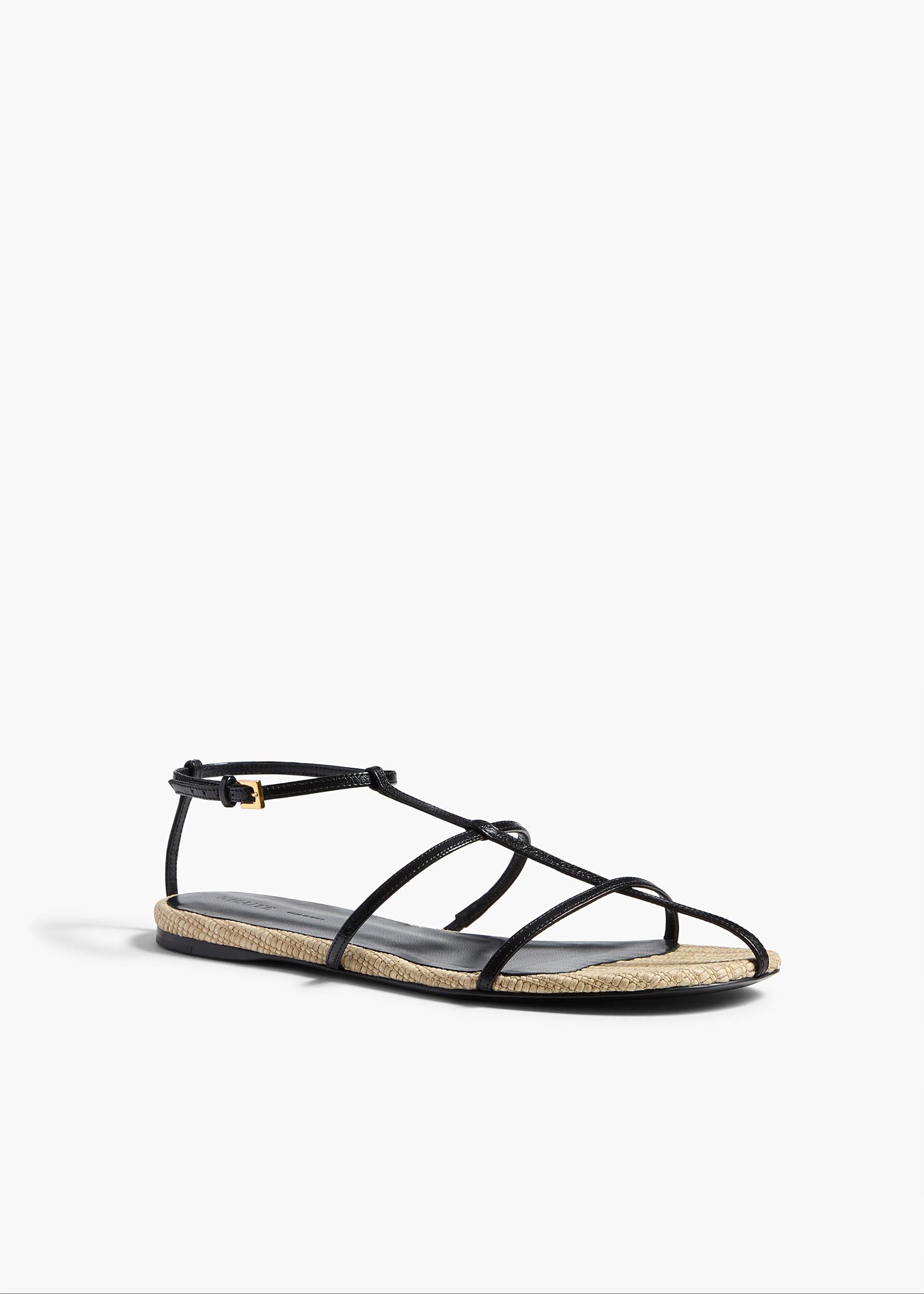 Cage Flat Sandal in Natural Raffia with Black Leather Product Image