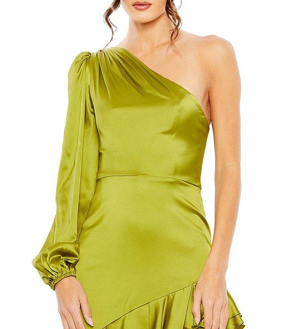 Mac Duggal Charmeuse Satin One Shoulder Long Balloon Sleeve Asymmetrical Ruffle Sheath Gown Product Image