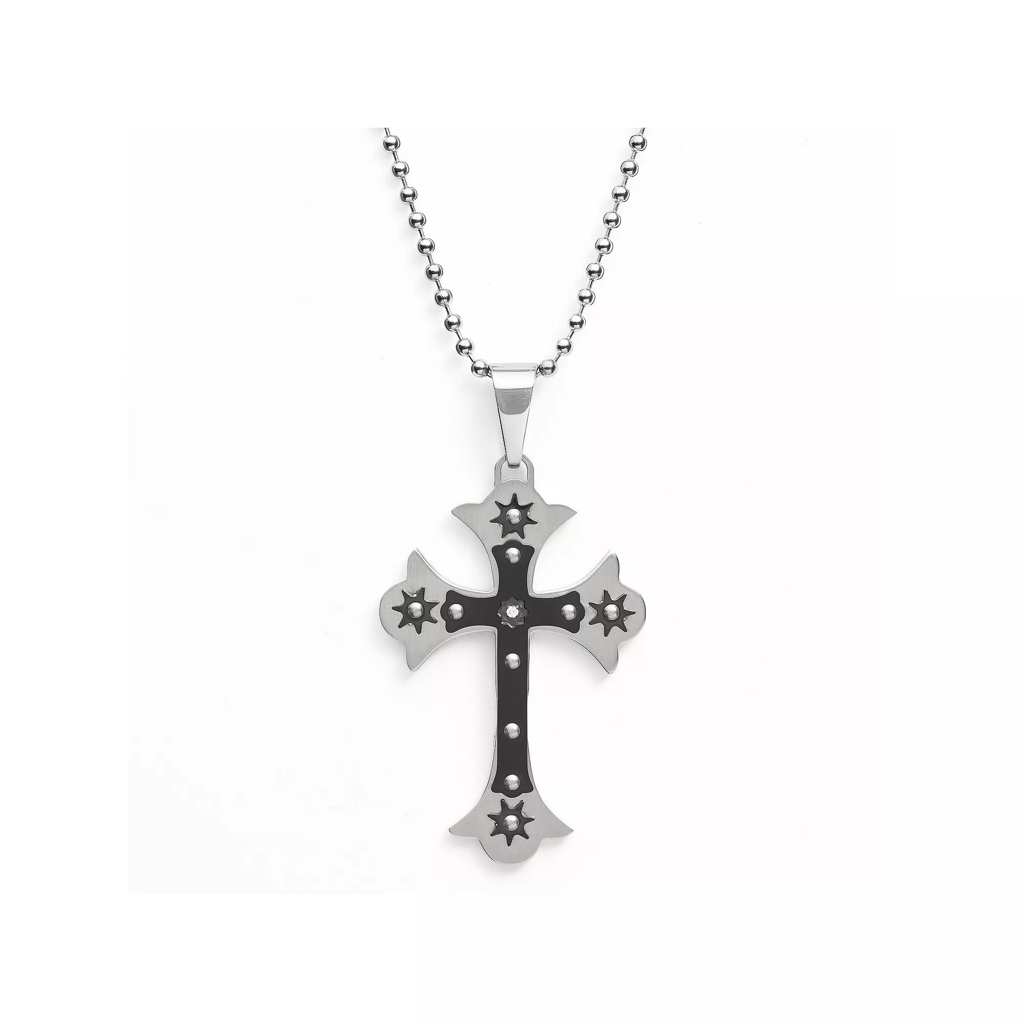 Stainless Steel and Black Immersion-Plated Stainless Steel Cubic Zirconia Cross Pendant - Men, Men's, Size: 24", Grey Product Image