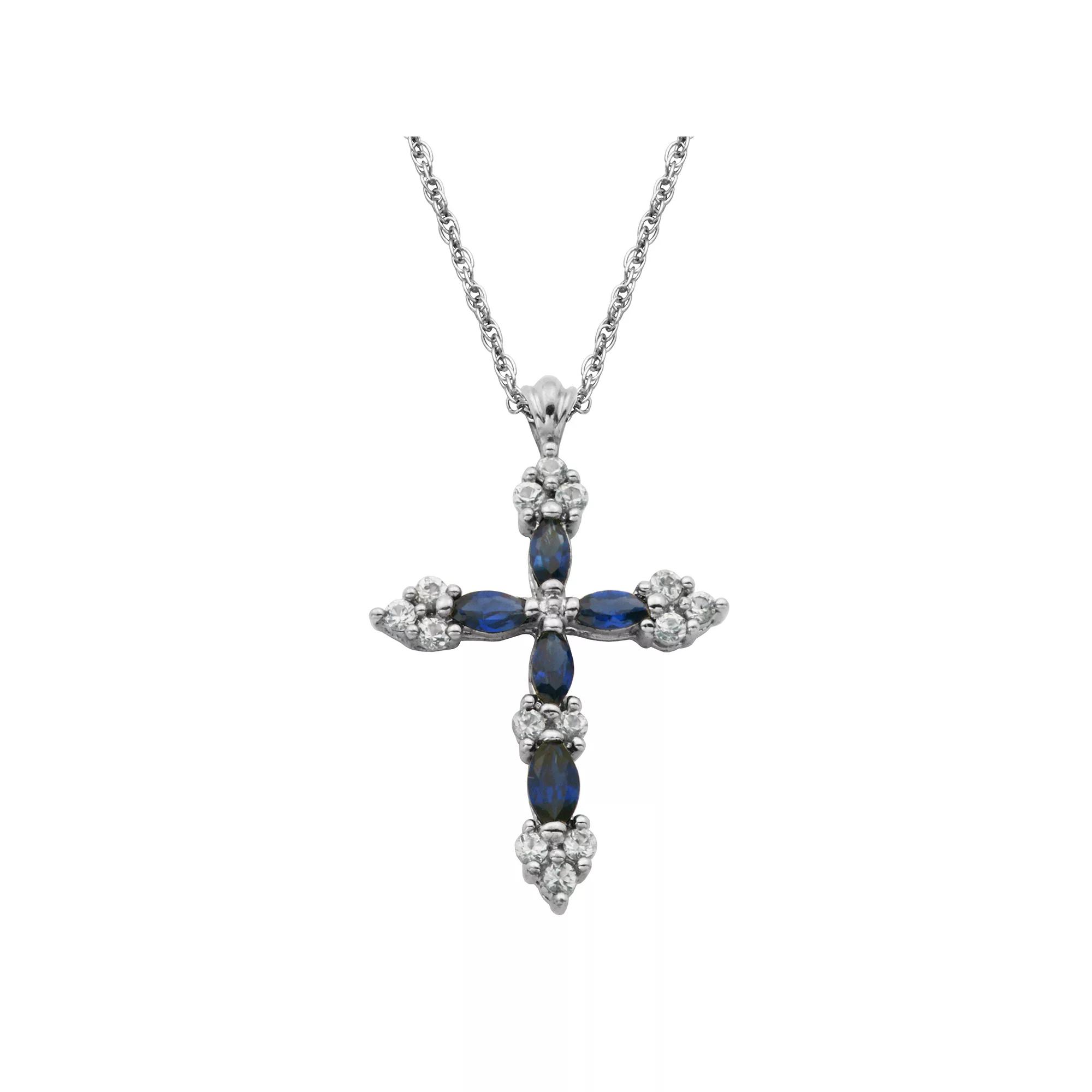 Sterling Silver Lab-Created Blue & White Sapphire Cross Pendant Necklace, Women's, Size: 18" Product Image