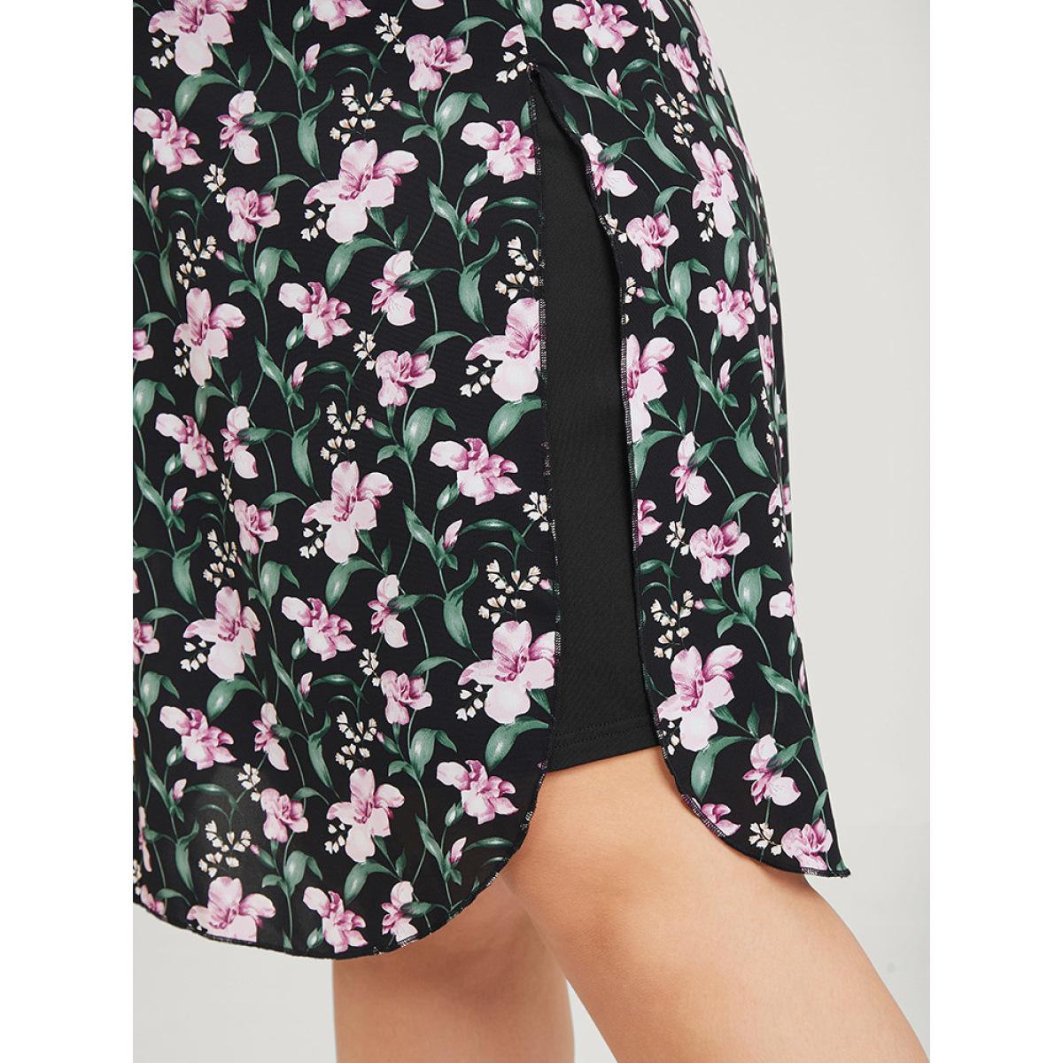 Plus Size Floral Patchwork Round Neck Split Hem Tank Dress BlackFlower Women Elegant Patchwork Round Neck Sleeveless Curvy Knee Dress BloomChic 14-16/1X Product Image